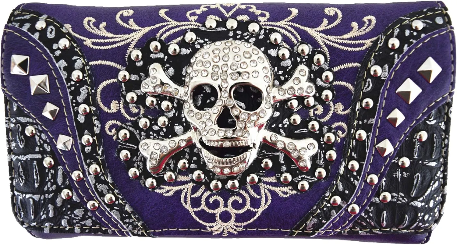 WESTERN ORIGIN Sugar Skull Day of the Dead Cross Bone Studs Punk Gothic Art Rivet Studded Women Wristlet Trifold Wallet (#2 Purple)