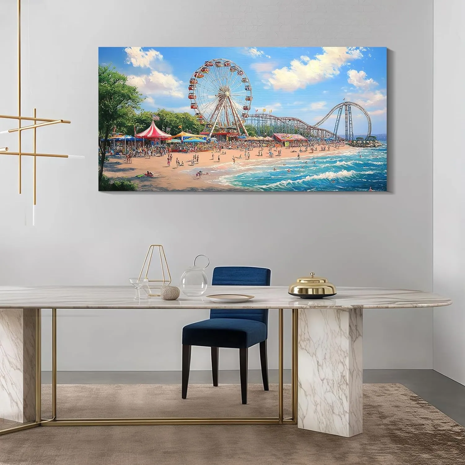 Wewejia - Large Beach Canvas Wall Art, Ferris Wheel and Roller Coaster Scene Coastal Amusement Park Painting Living Room Ocean Canvas Wall Decor Summer Home Coastal Landscape Artwork 48"x24"