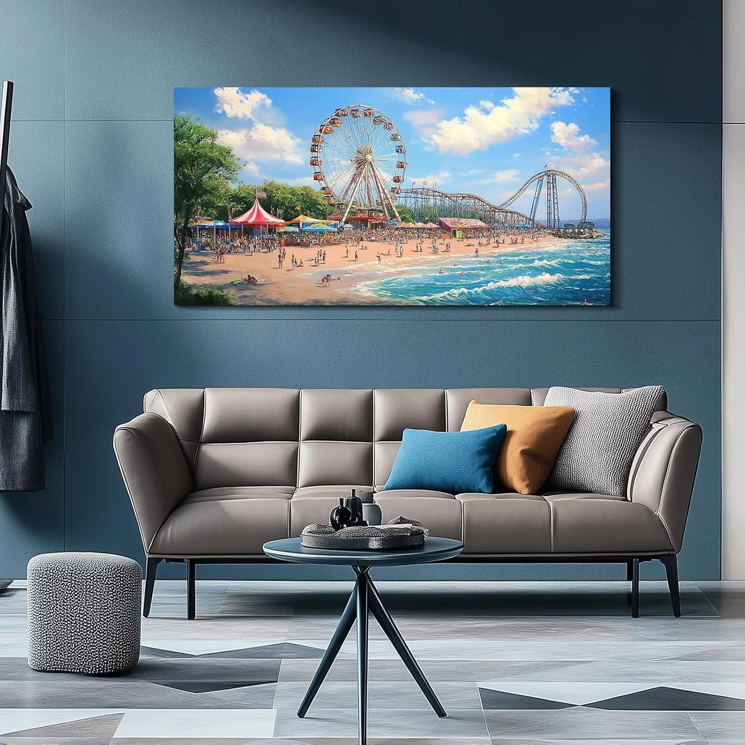 Wewejia - Large Beach Canvas Wall Art, Ferris Wheel and Roller Coaster Scene Coastal Amusement Park Painting Living Room Ocean Canvas Wall Decor Summer Home Coastal Landscape Artwork 48"x24"