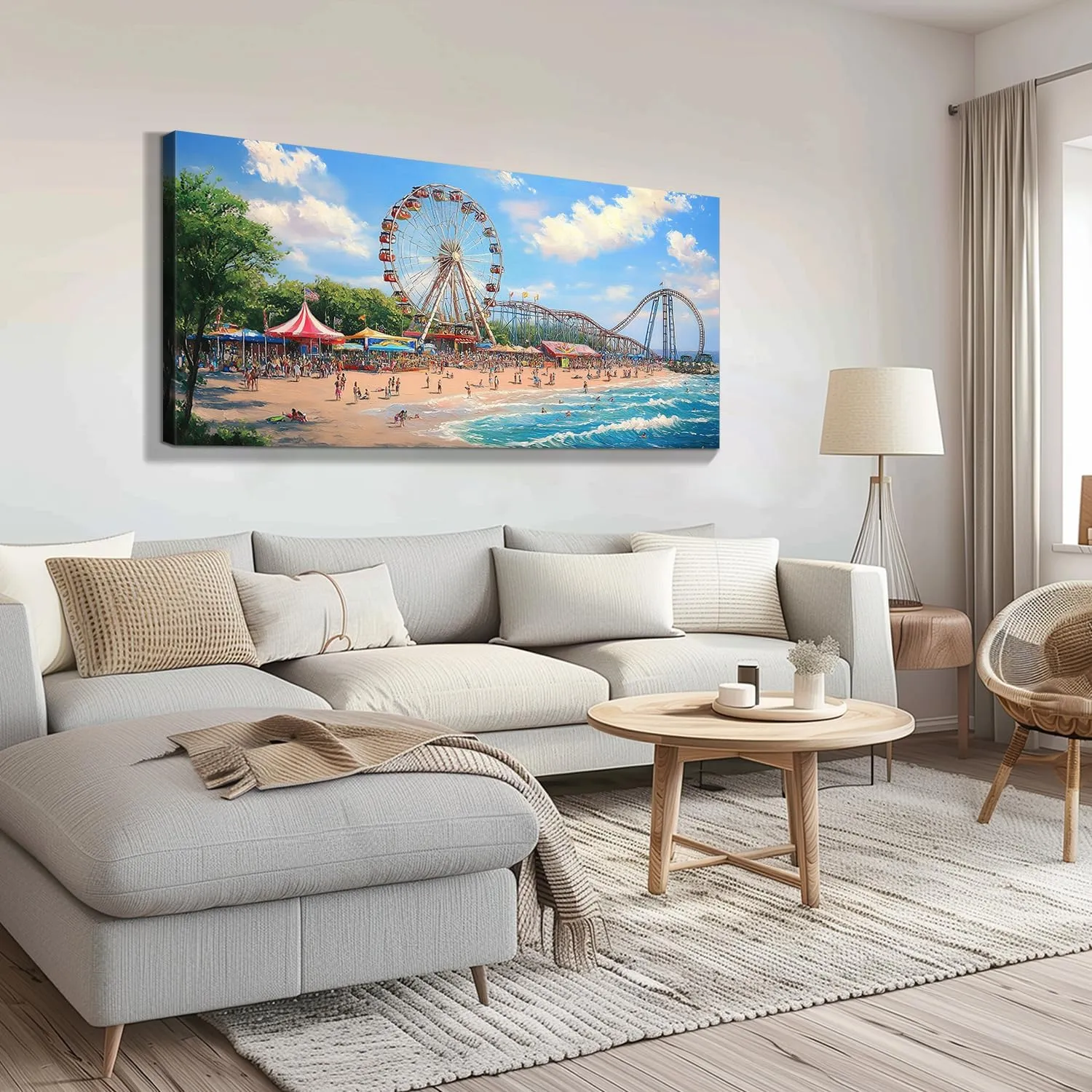 Wewejia - Large Beach Canvas Wall Art, Ferris Wheel and Roller Coaster Scene Coastal Amusement Park Painting Living Room Ocean Canvas Wall Decor Summer Home Coastal Landscape Artwork 48"x24"