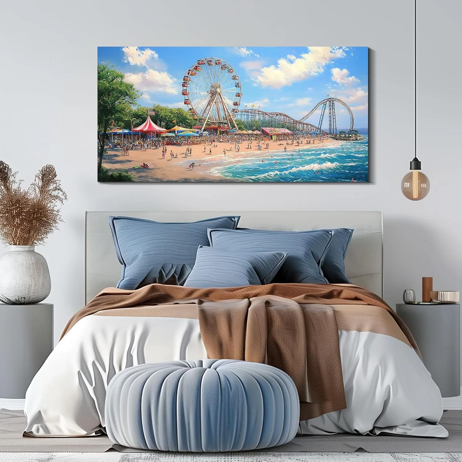 Wewejia - Large Beach Canvas Wall Art, Ferris Wheel and Roller Coaster Scene Coastal Amusement Park Painting Living Room Ocean Canvas Wall Decor Summer Home Coastal Landscape Artwork 48"x24"