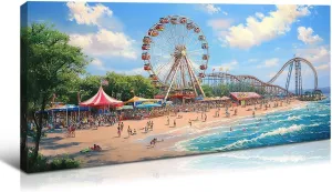 Wewejia - Large Beach Canvas Wall Art, Ferris Wheel and Roller Coaster Scene Coastal Amusement Park Painting Living Room Ocean Canvas Wall Decor Summer Home Coastal Landscape Artwork 48"x24"
