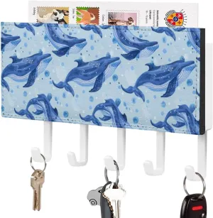 Whale Novelty Key Holder Printed Keys Hook Mail Organizer Hanging Rack Decor with 5 Hooks for Wall