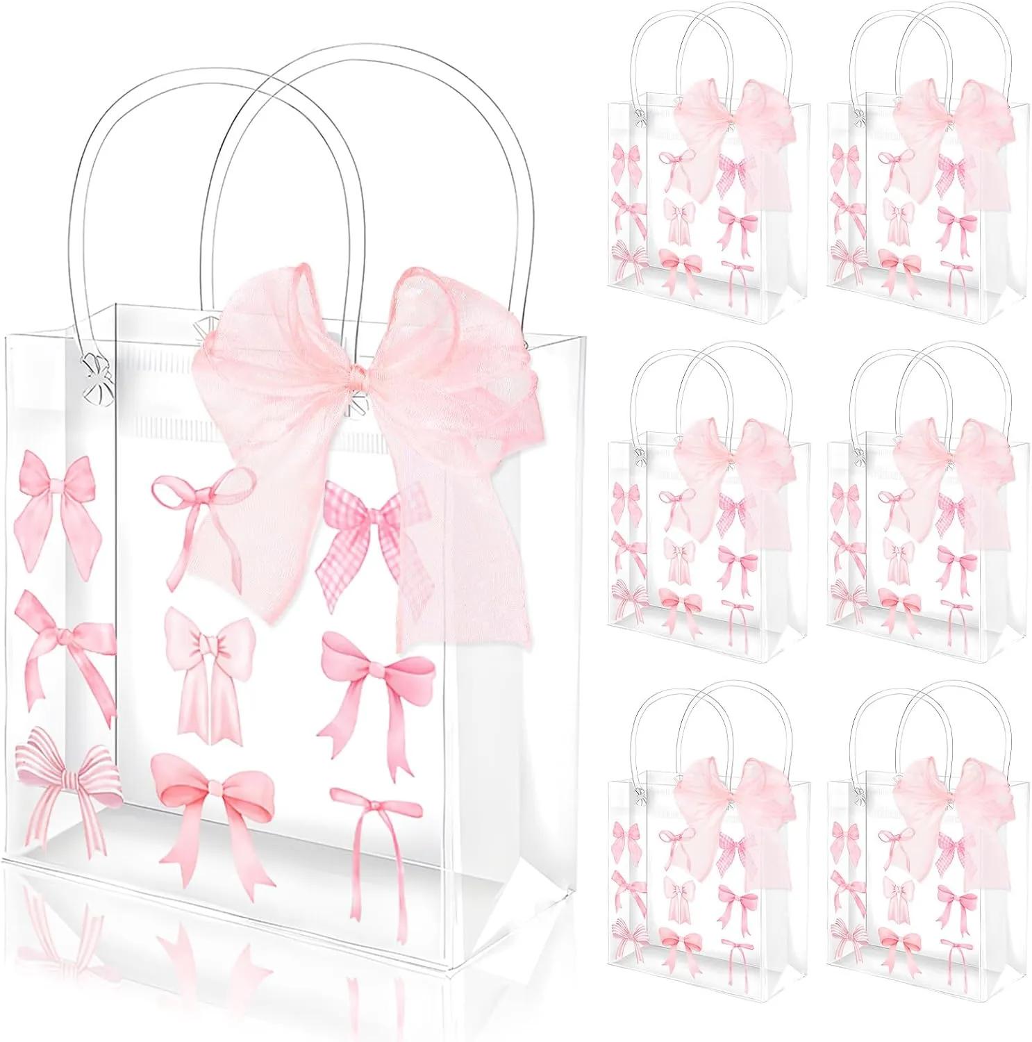 Whaline 12 Pcs Pink Bow Clear PVC Gift Bags Coquette Bowknot Party Favor Bags with Handles Trendy Treat Tote Bag with Ribbon for Wedding Birthday Baby Shower