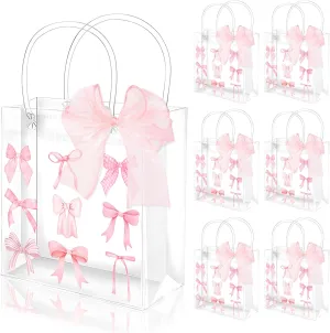 Whaline 12 Pcs Pink Bow Clear PVC Gift Bags Coquette Bowknot Party Favor Bags with Handles Trendy Treat Tote Bag with Ribbon for Wedding Birthday Baby Shower