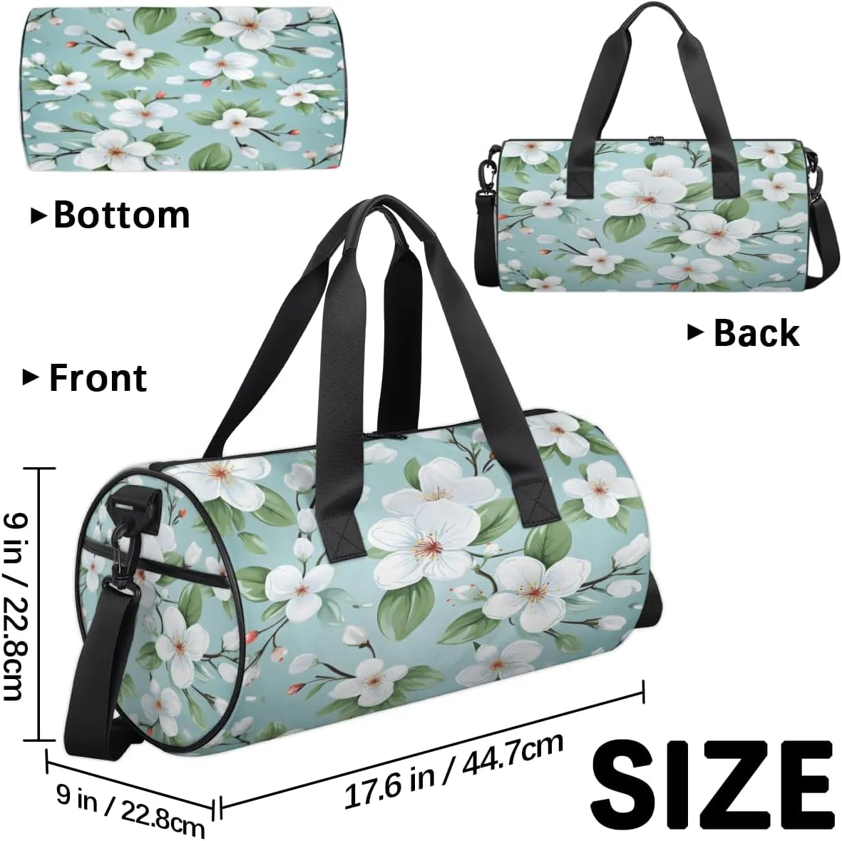 White Bloom Radiant Sports Duffel Bag with Shoulder Strap, Large Capacity Gym Bag with Shoe Compartment, Water Resistant Travel Duffle Bag for Men Women Travel, Sports (17.6x9x9 Inch)