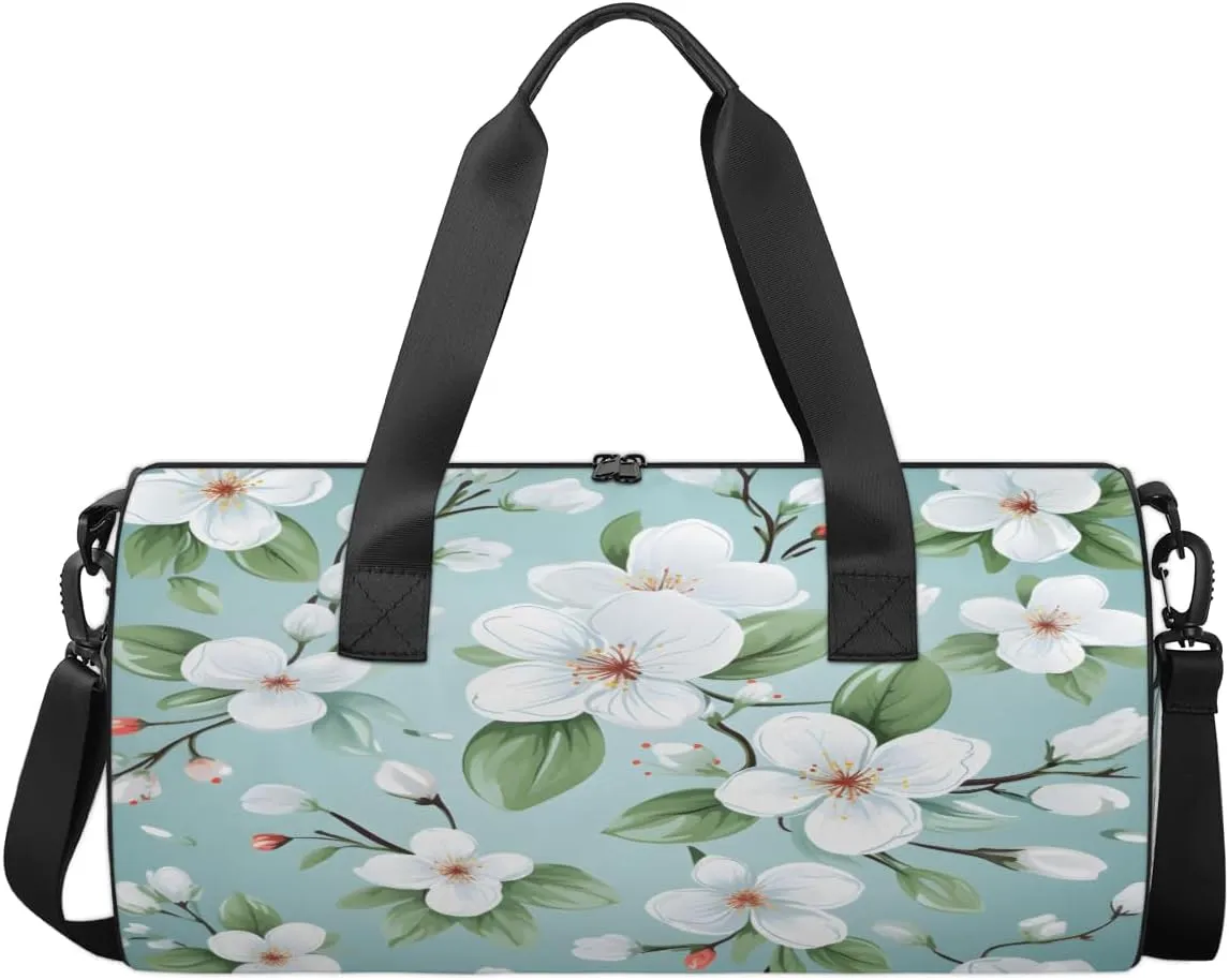 White Bloom Radiant Sports Duffel Bag with Shoulder Strap, Large Capacity Gym Bag with Shoe Compartment, Water Resistant Travel Duffle Bag for Men Women Travel, Sports (17.6x9x9 Inch)