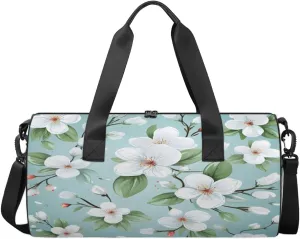 White Bloom Radiant Sports Duffel Bag with Shoulder Strap, Large Capacity Gym Bag with Shoe Compartment, Water Resistant Travel Duffle Bag for Men Women Travel, Sports (17.6x9x9 Inch)