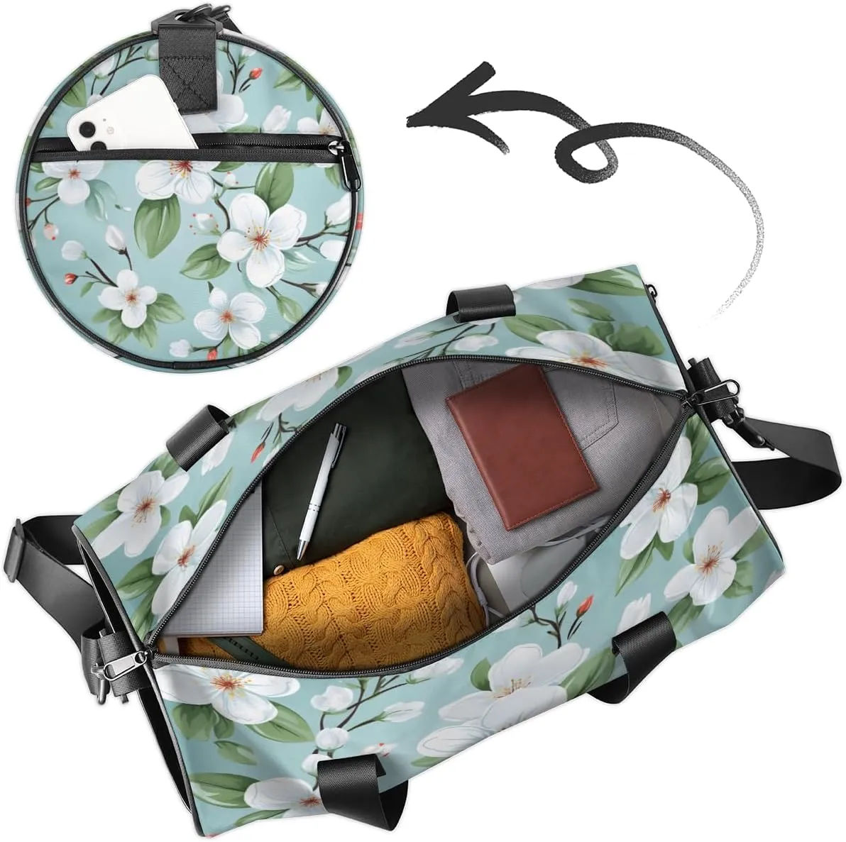White Bloom Radiant Sports Duffel Bag with Shoulder Strap, Large Capacity Gym Bag with Shoe Compartment, Water Resistant Travel Duffle Bag for Men Women Travel, Sports (17.6x9x9 Inch)