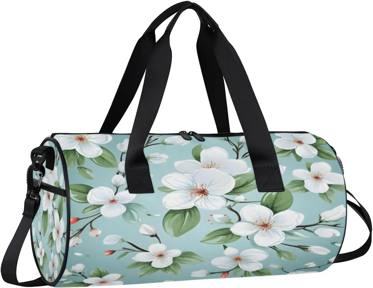 White Bloom Radiant Sports Duffel Bag with Shoulder Strap, Large Capacity Gym Bag with Shoe Compartment, Water Resistant Travel Duffle Bag for Men Women Travel, Sports (17.6x9x9 Inch)
