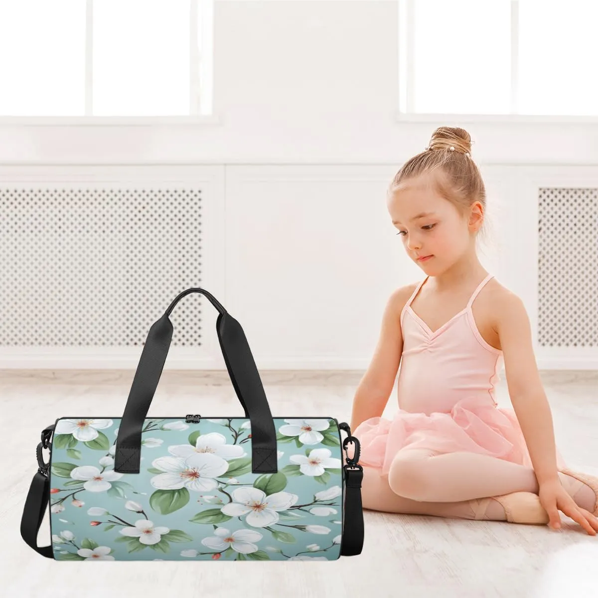 White Bloom Radiant Sports Duffel Bag with Shoulder Strap, Large Capacity Gym Bag with Shoe Compartment, Water Resistant Travel Duffle Bag for Men Women Travel, Sports (17.6x9x9 Inch)