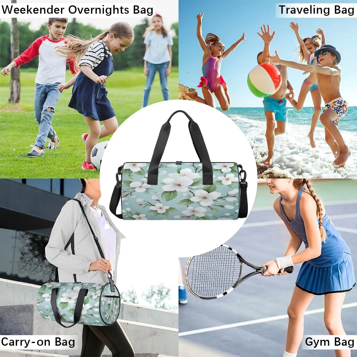 White Bloom Radiant Sports Duffel Bag with Shoulder Strap, Large Capacity Gym Bag with Shoe Compartment, Water Resistant Travel Duffle Bag for Men Women Travel, Sports (17.6x9x9 Inch)
