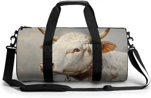 White Cow with Long Horns Travel Gym Bag for Women Men Cylindrical Duffle Bag Sport Workout Bag with Shoulder Strap