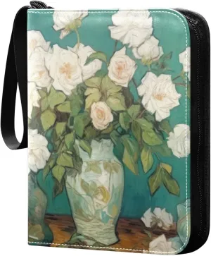 White Flower Painting Card Binder, 400 Pockets Card Holder with 50 Sleeves, Sturdy Card Holder Folders for Game Cards & Sports Cards