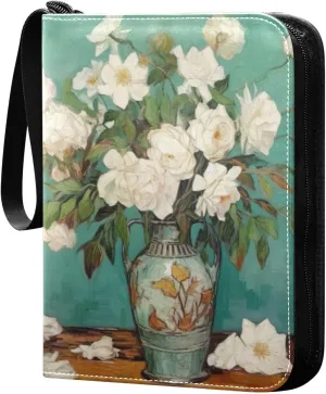 White Flower Painting Card Binder, 400 Pockets Card Holder with 50 Sleeves, Sturdy Card Holder Folders for Game Cards & Sports Cards