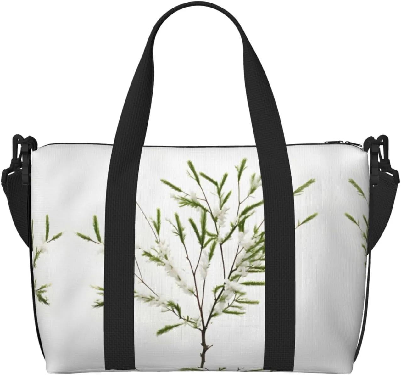 White Natural Plant Green Twig (1) Print Tote Crossbody Travel Bag with Zip Casual Handbag for Weekend Trips and Gym Shopping, Black, One Size, Travel Tote