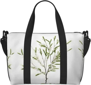 White Natural Plant Green Twig (1) Print Tote Crossbody Travel Bag with Zip Casual Handbag for Weekend Trips and Gym Shopping, Black, One Size, Travel Tote