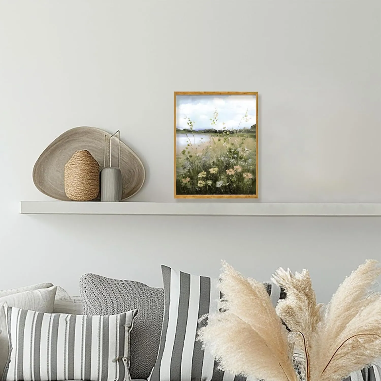 Wildflower Landscape Wall Art Vintage Country Painting Canvas Poster Canvas Prints Wall Art Lake Wildflower Landscape Oil Painting Themed Art Artwork for Living Room Office Bathroom Framed 8 * 10in