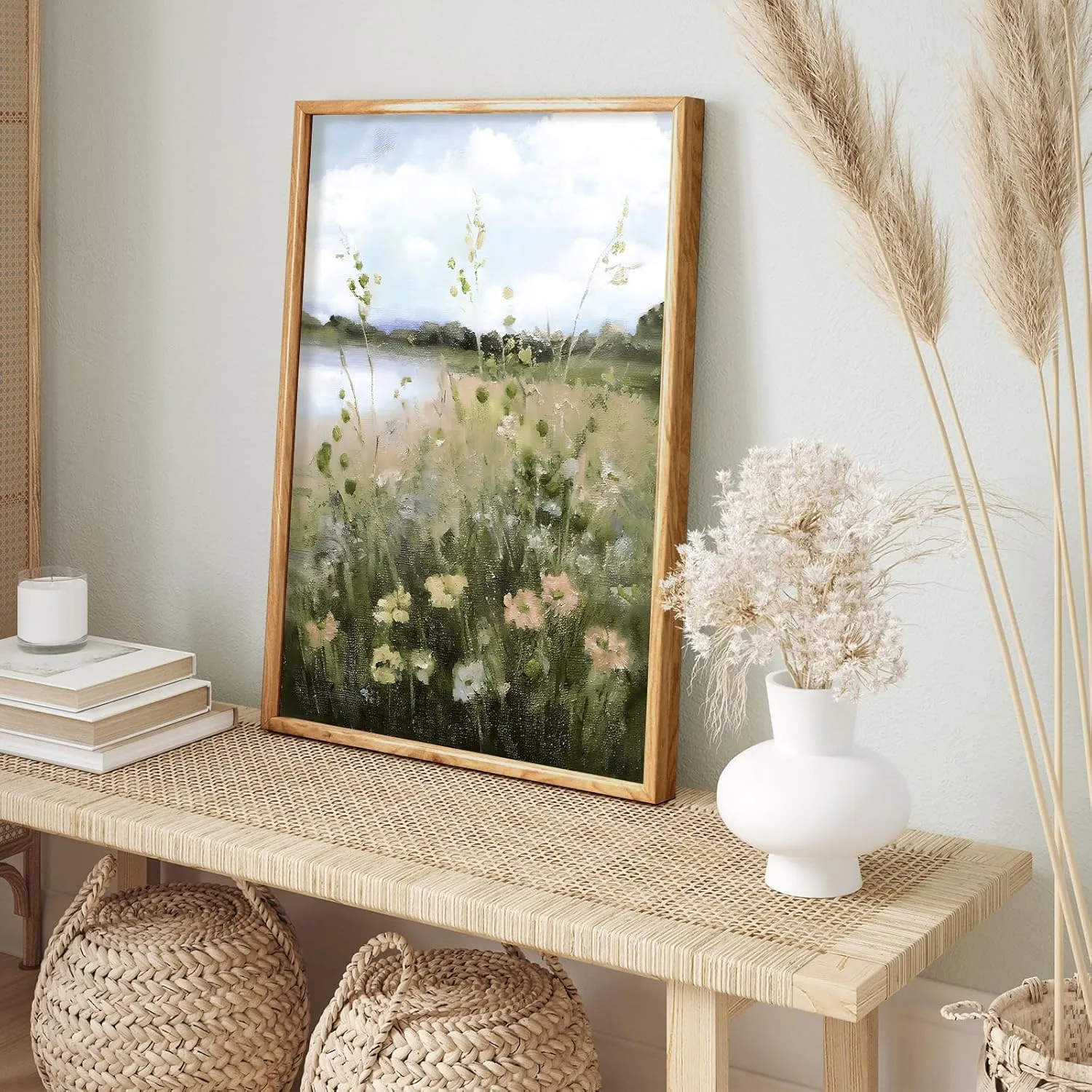 Wildflower Landscape Wall Art Vintage Country Painting Canvas Poster Canvas Prints Wall Art Lake Wildflower Landscape Oil Painting Themed Art Artwork for Living Room Office Bathroom Framed 8 * 10in