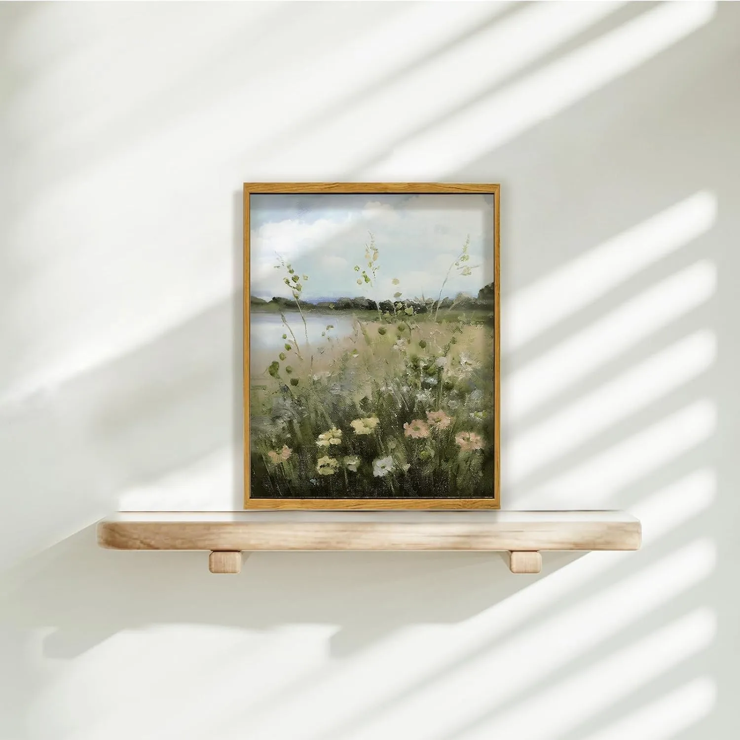 Wildflower Landscape Wall Art Vintage Country Painting Canvas Poster Canvas Prints Wall Art Lake Wildflower Landscape Oil Painting Themed Art Artwork for Living Room Office Bathroom Framed 8 * 10in