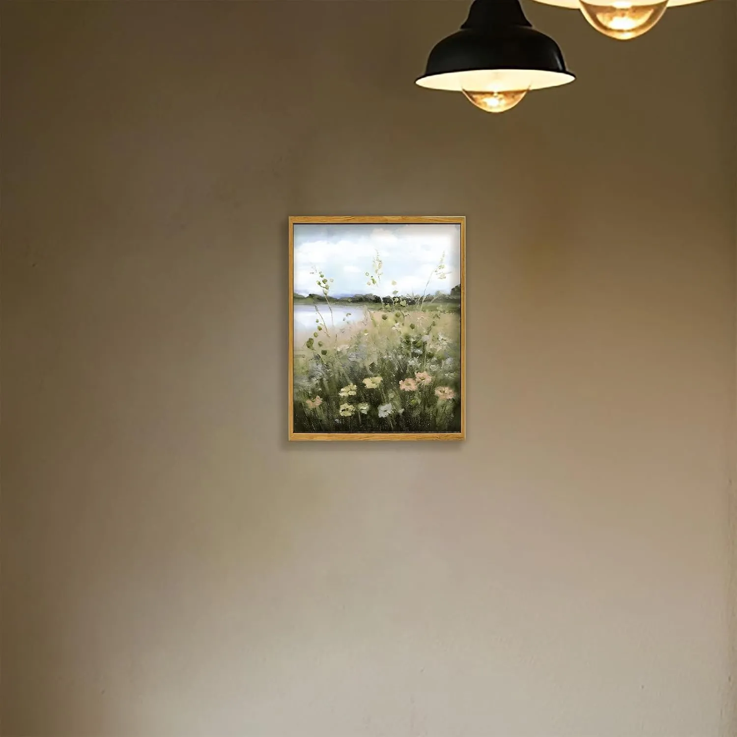 Wildflower Landscape Wall Art Vintage Country Painting Canvas Poster Canvas Prints Wall Art Lake Wildflower Landscape Oil Painting Themed Art Artwork for Living Room Office Bathroom Framed 8 * 10in
