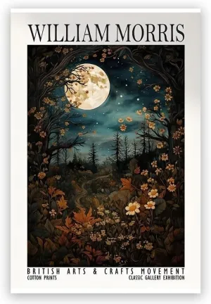 William Morris Full Moon Over Woodland Print - Cotton Print Exhibition Vintage William Morris Luxury Plants Leaves Trees Moon Stars Living Room Home Decor Wall Art Unframed 24x36inch