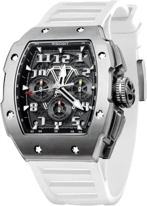 WISHDOIT GT Chronograph Watch Mens Luxury Tonneau Watch Calendar Date Luminous Waterproof Replica Watch for Men FKM Rubber Strap Sport Dress Casual Wristwatch