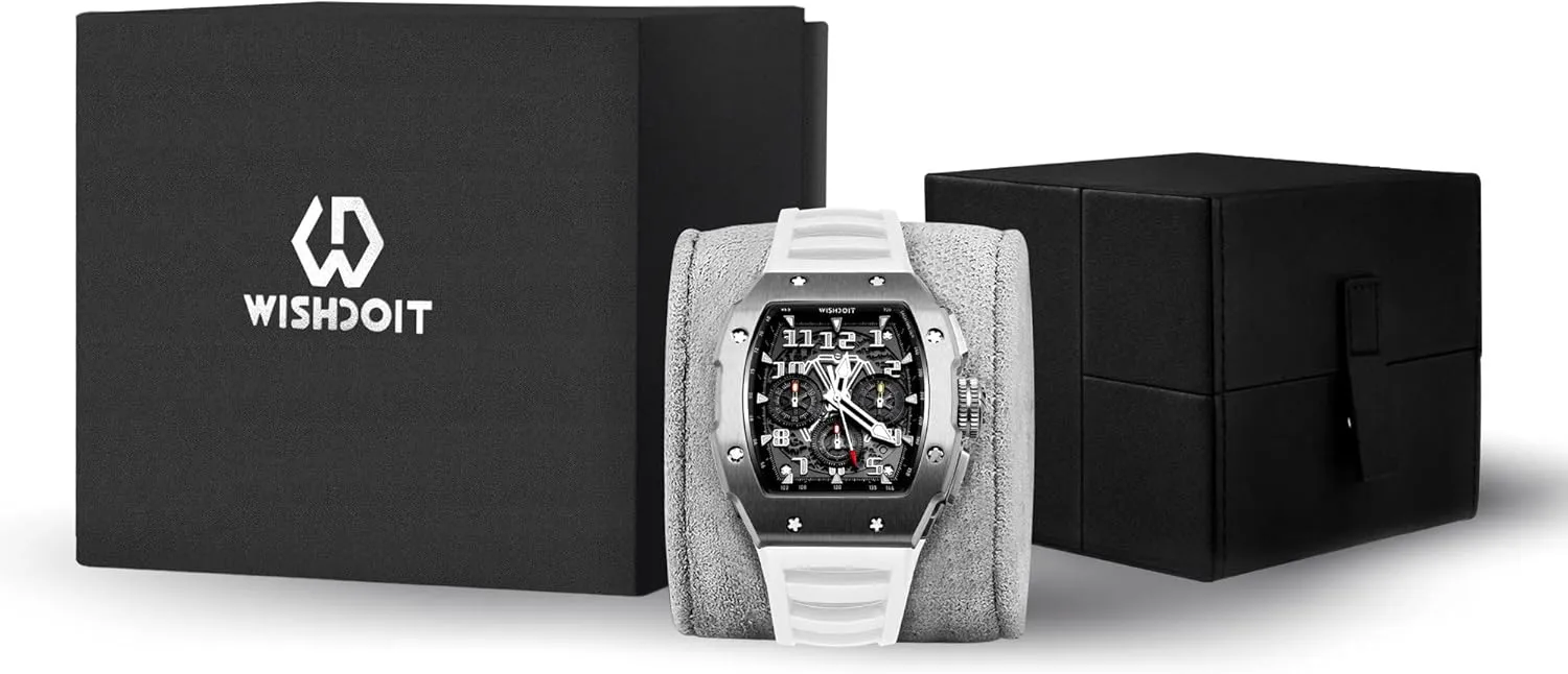 WISHDOIT GT Chronograph Watch Mens Luxury Tonneau Watch Calendar Date Luminous Waterproof Replica Watch for Men FKM Rubber Strap Sport Dress Casual Wristwatch