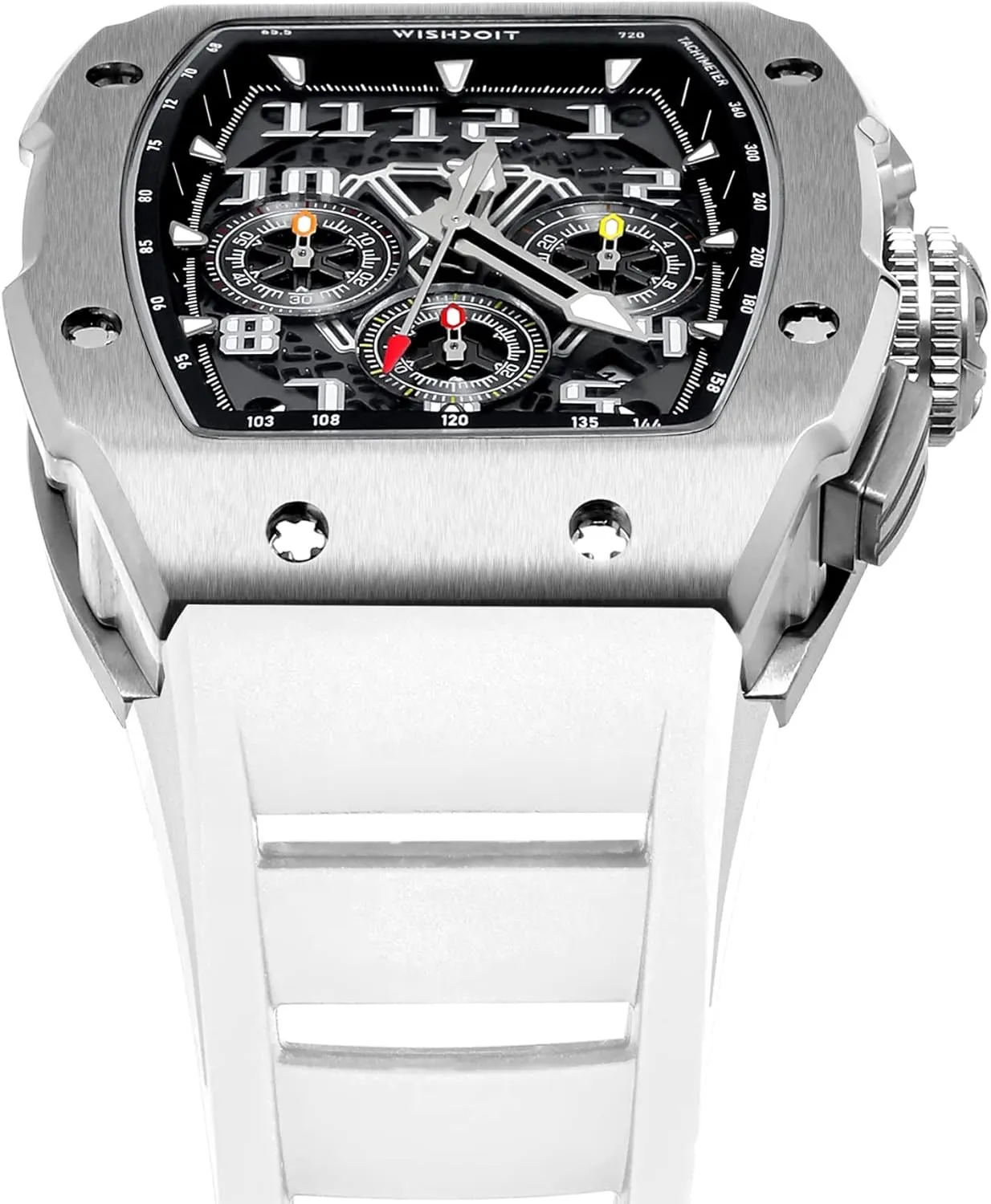 WISHDOIT GT Chronograph Watch Mens Luxury Tonneau Watch Calendar Date Luminous Waterproof Replica Watch for Men FKM Rubber Strap Sport Dress Casual Wristwatch