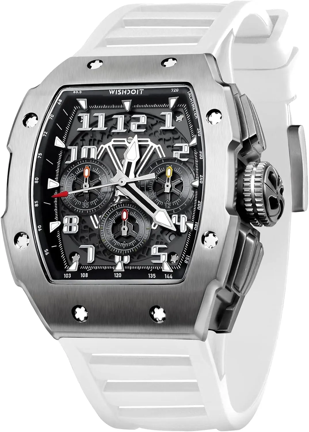 WISHDOIT GT Chronograph Watch Mens Luxury Tonneau Watch Calendar Date Luminous Waterproof Replica Watch for Men FKM Rubber Strap Sport Dress Casual Wristwatch