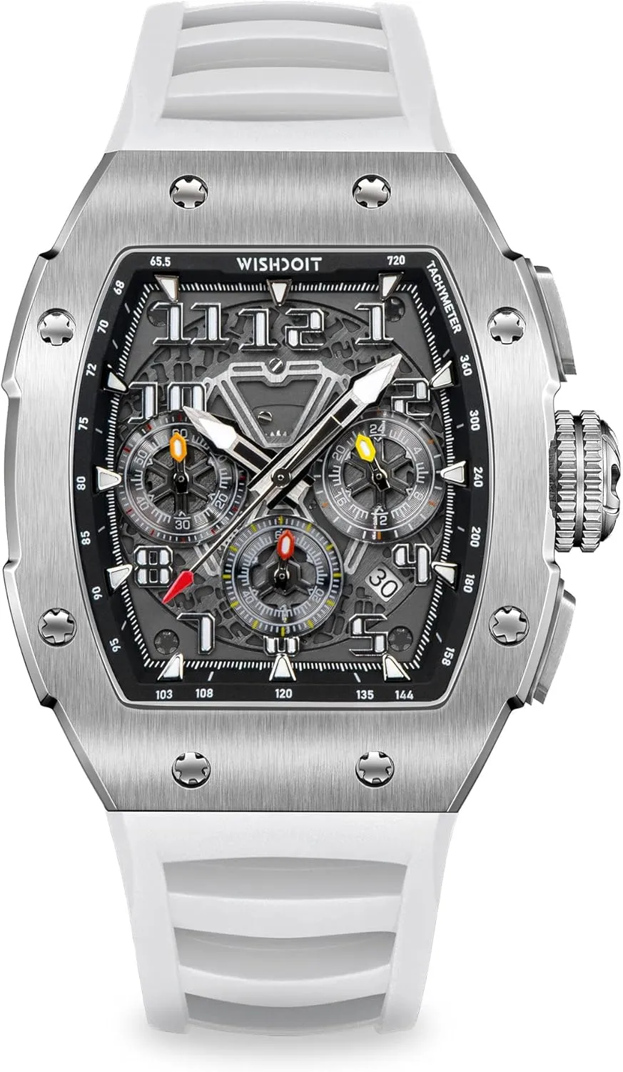 WISHDOIT GT Chronograph Watch Mens Luxury Tonneau Watch Calendar Date Luminous Waterproof Replica Watch for Men FKM Rubber Strap Sport Dress Casual Wristwatch