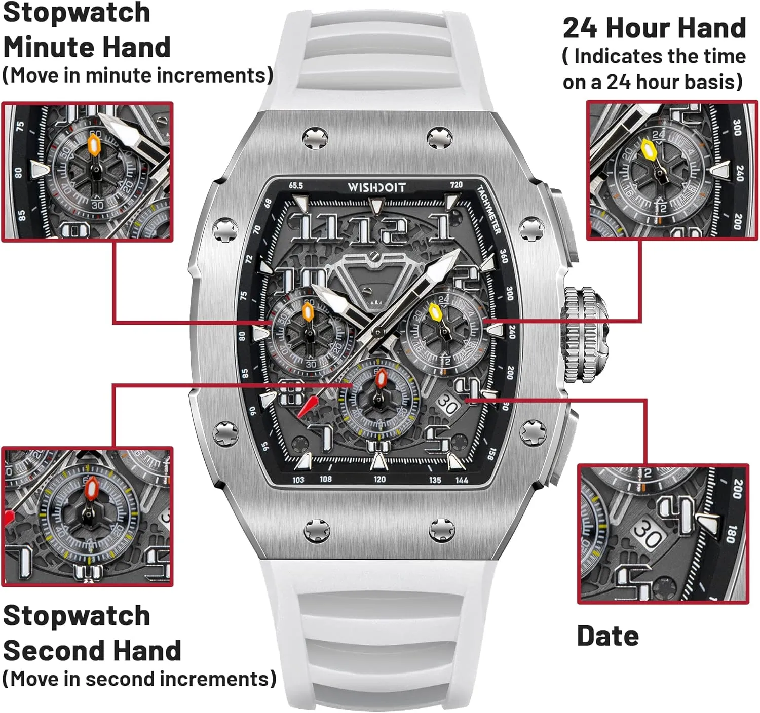 WISHDOIT GT Chronograph Watch Mens Luxury Tonneau Watch Calendar Date Luminous Waterproof Replica Watch for Men FKM Rubber Strap Sport Dress Casual Wristwatch