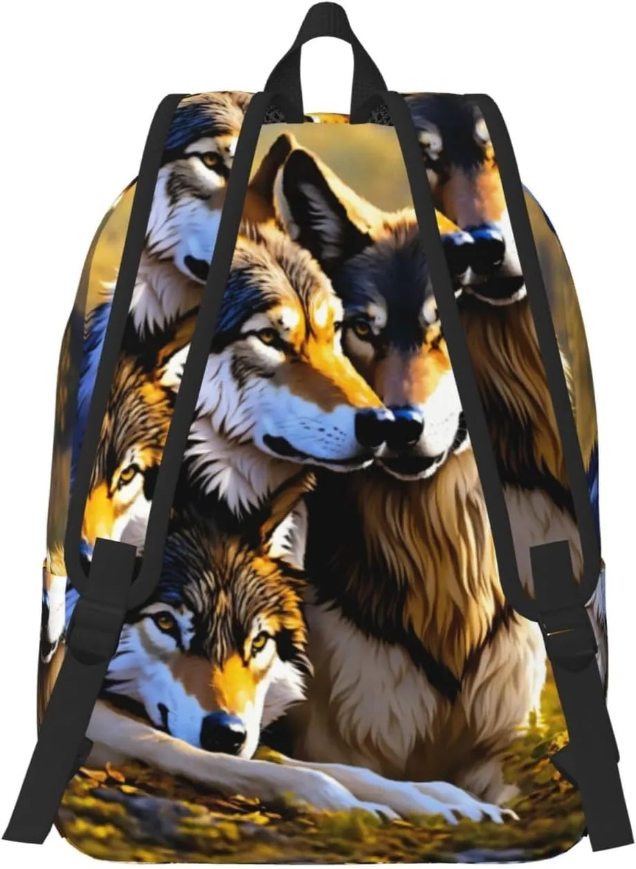 Wolfs Print Vintage Canvas Backpack,Travel Bag,Stylish And Lightweight With Multiple Pockets