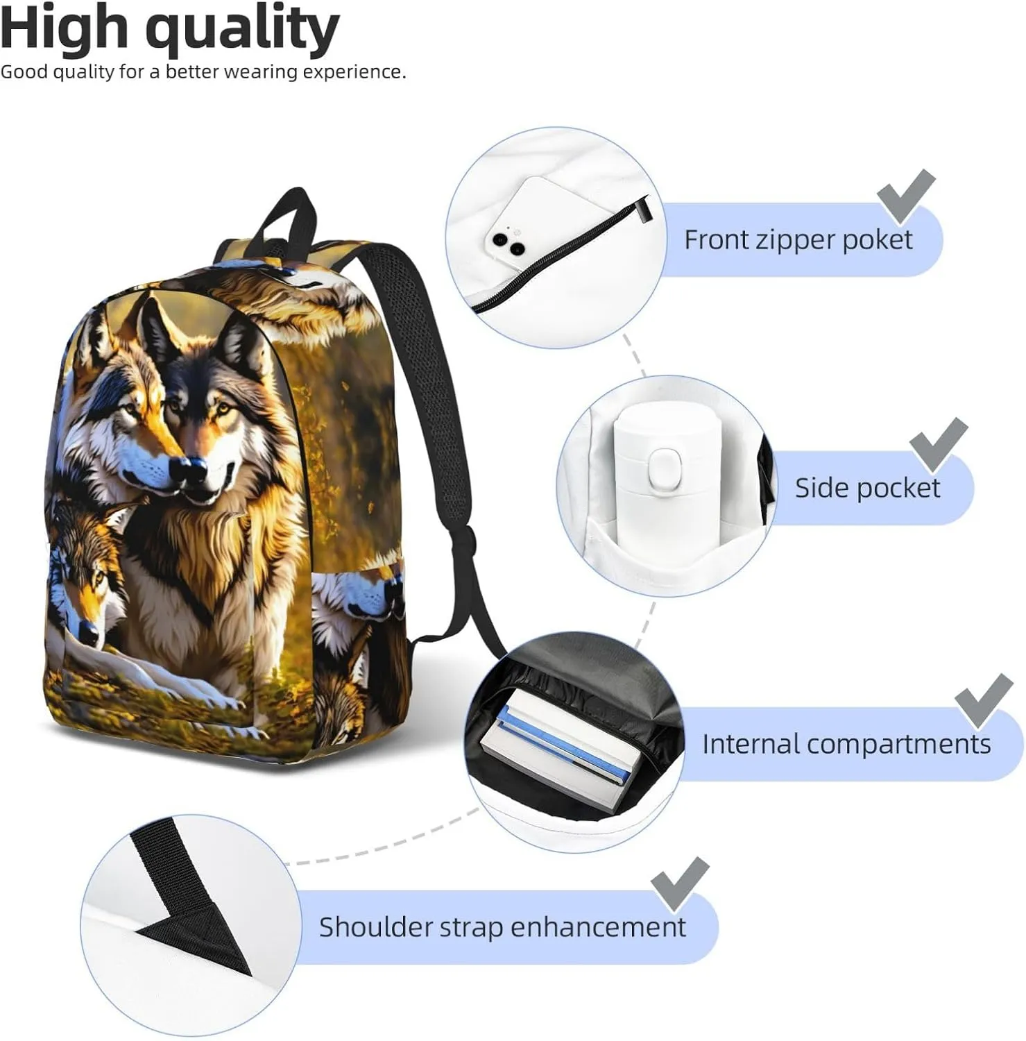 Wolfs Print Vintage Canvas Backpack,Travel Bag,Stylish And Lightweight With Multiple Pockets