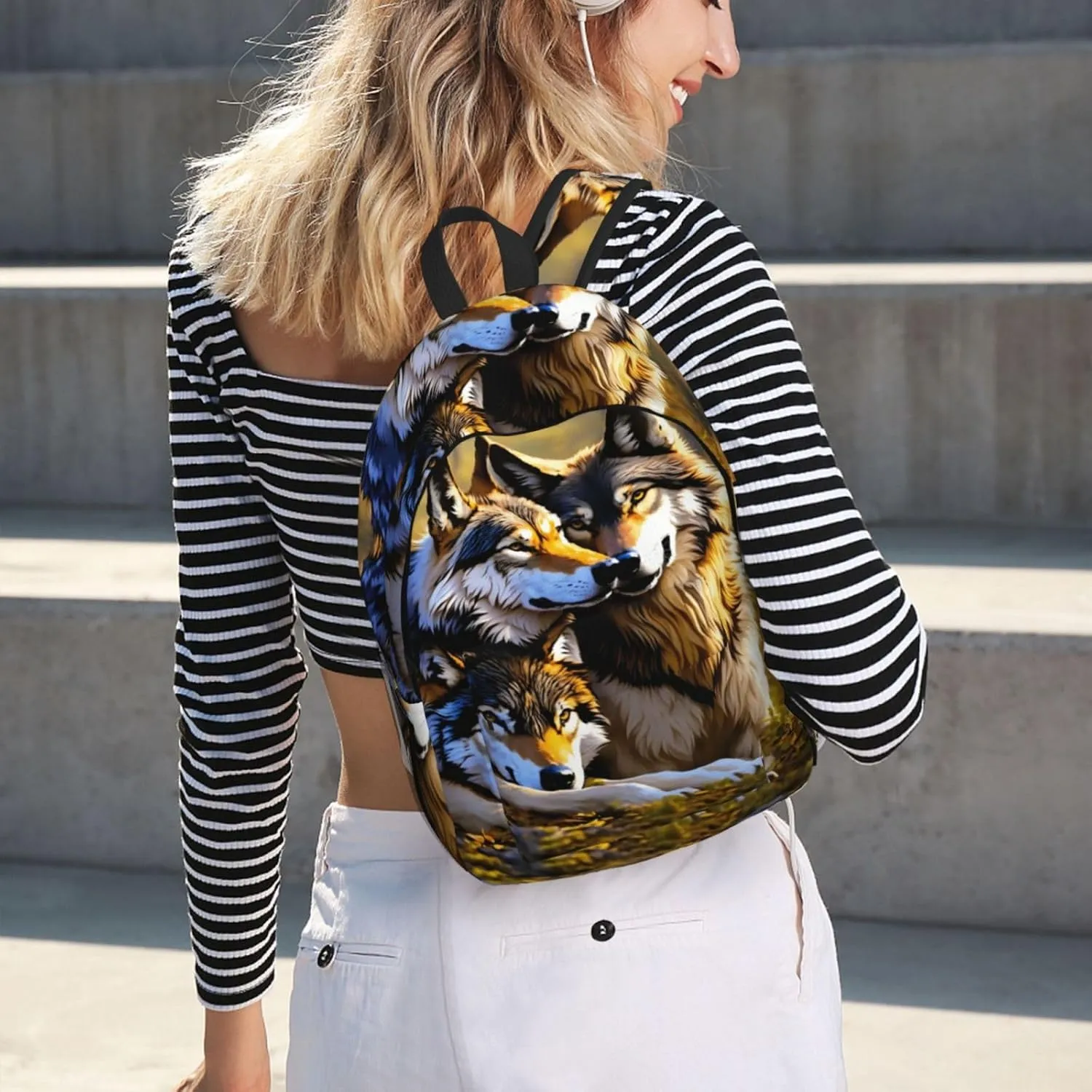 Wolfs Print Vintage Canvas Backpack,Travel Bag,Stylish And Lightweight With Multiple Pockets
