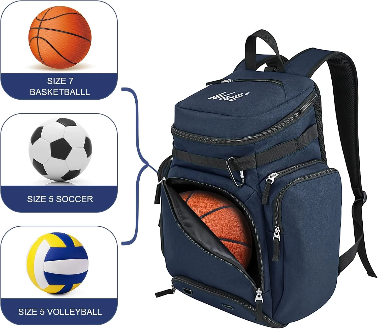 WOLT Basketball Backpack Bag with Separate Ball Compartment and Shoes Pocket，Large Sports Equipment Bag for Basketball, Soccer, Rugby, Volleyball, Baseball Sport Backpack Bag