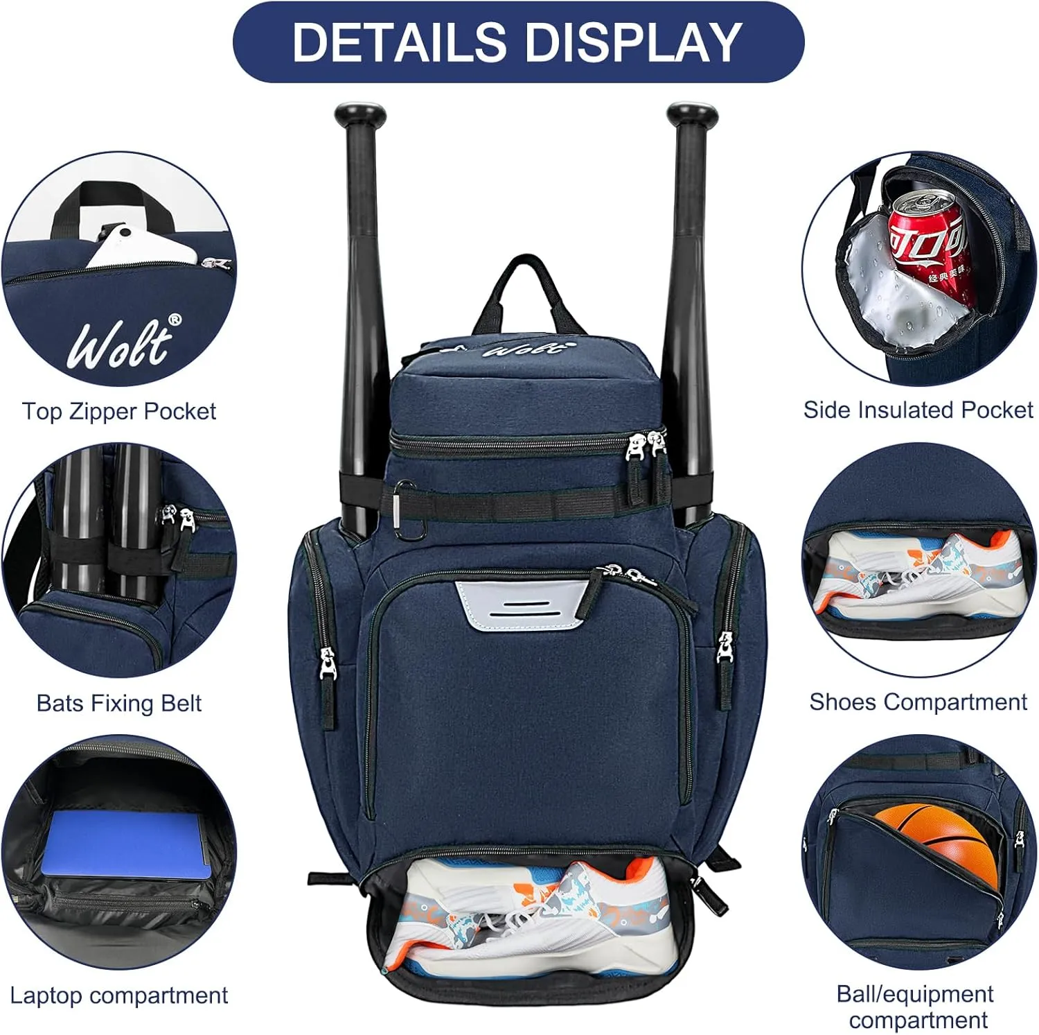 WOLT Basketball Backpack Bag with Separate Ball Compartment and Shoes Pocket，Large Sports Equipment Bag for Basketball, Soccer, Rugby, Volleyball, Baseball Sport Backpack Bag