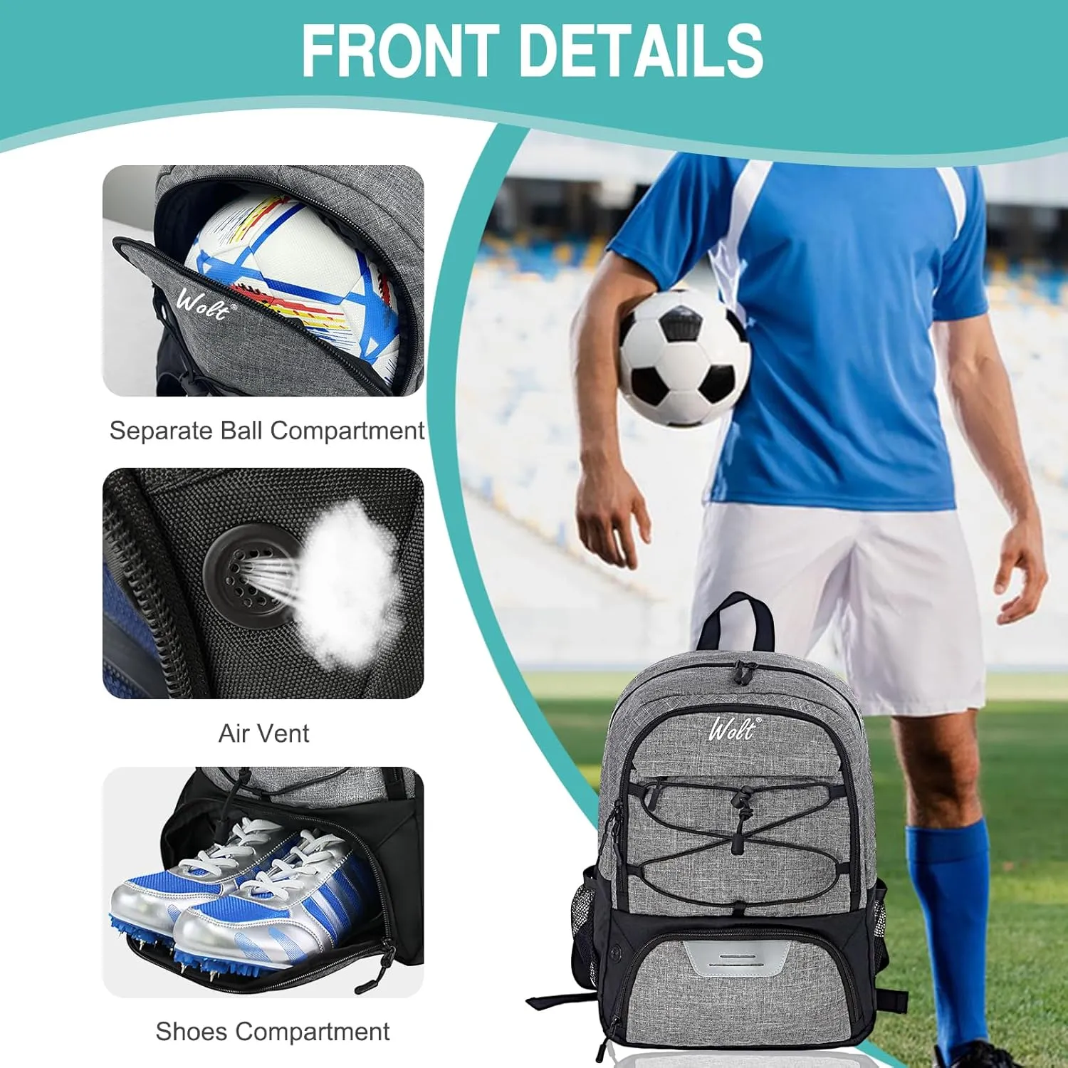 WOLT Youth Soccer Bag, Soccer Backpack, Basketball Backpack with Cleat Shoe and Ball Compartments Volleyball Backpack