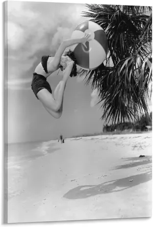 Woman Jumping with Beach Ball, Vintage Black And White Photo for Decoration Canvas Poster Canvas Art Poster And Wall Art Picture Print Modern Family Bedroom Decor Posters 16x24inch(40x60cm)