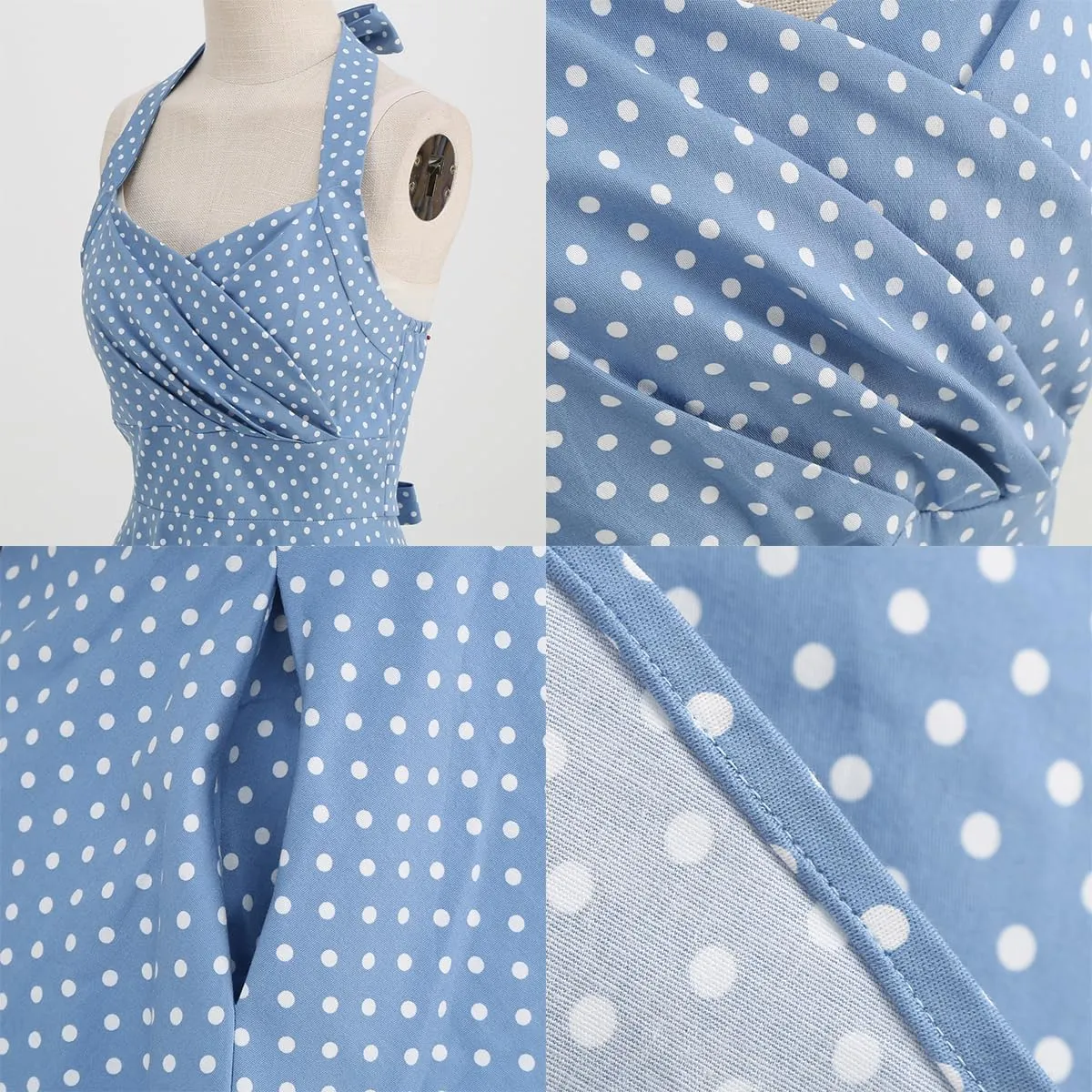 Women 1950s Dresses Vintage Spaghetti Strap Halter Polka Dot Swing A Line Midi Dress Cocktail Party Evening Prom Gown
