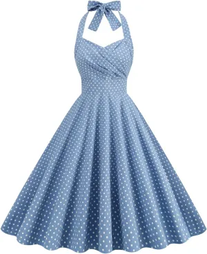 Women 1950s Dresses Vintage Spaghetti Strap Halter Polka Dot Swing A Line Midi Dress Cocktail Party Evening Prom Gown