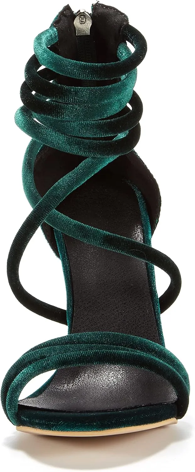 Women Cross Strap Suede High Heel Shoes Open Toe Sexy Evening Sandals Strappy Stilettos with Back Zip Green