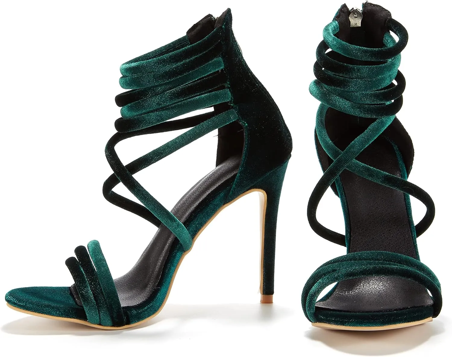 Women Cross Strap Suede High Heel Shoes Open Toe Sexy Evening Sandals Strappy Stilettos with Back Zip Green