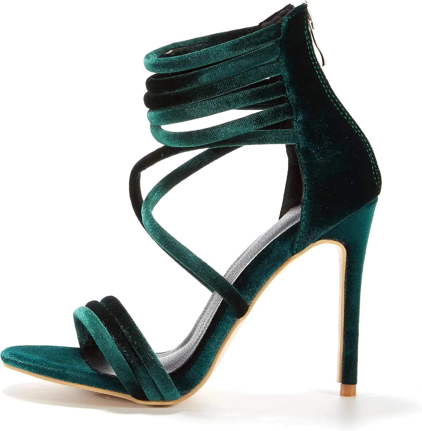 Women Cross Strap Suede High Heel Shoes Open Toe Sexy Evening Sandals Strappy Stilettos with Back Zip Green