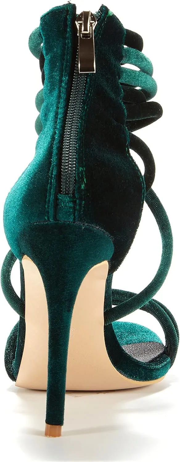 Women Cross Strap Suede High Heel Shoes Open Toe Sexy Evening Sandals Strappy Stilettos with Back Zip Green