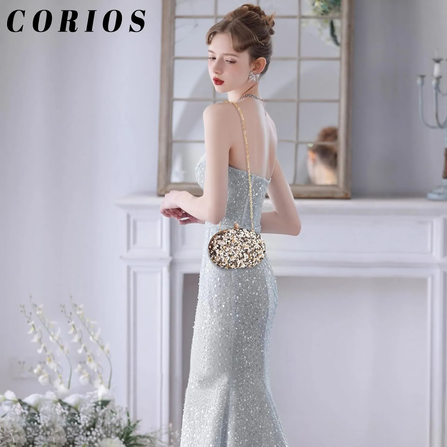 Women Evening Bag Sequin Clutch Bag Bridal Wedding Purse Ladies Handbag With Detachable Chain Elegant Shoulder Bag