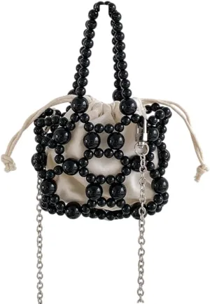 Women Handwoven Hollow Out Acrylic Beads Evening Bag Vintage Crossbody Handbag Small Purse with Detachable Chain Strap