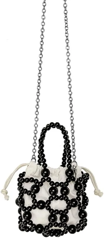 Women Handwoven Hollow Out Acrylic Beads Evening Bag Vintage Crossbody Handbag Small Purse with Detachable Chain Strap