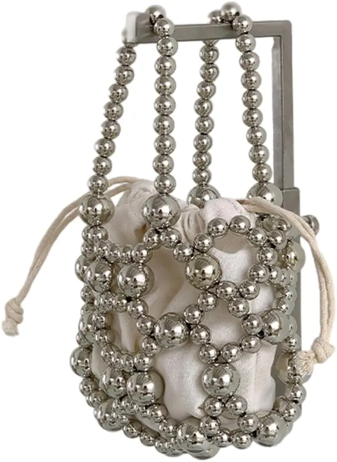 Women Handwoven Hollow Out Acrylic Beads Evening Bag Vintage Crossbody Handbag Small Purse with Detachable Chain Strap