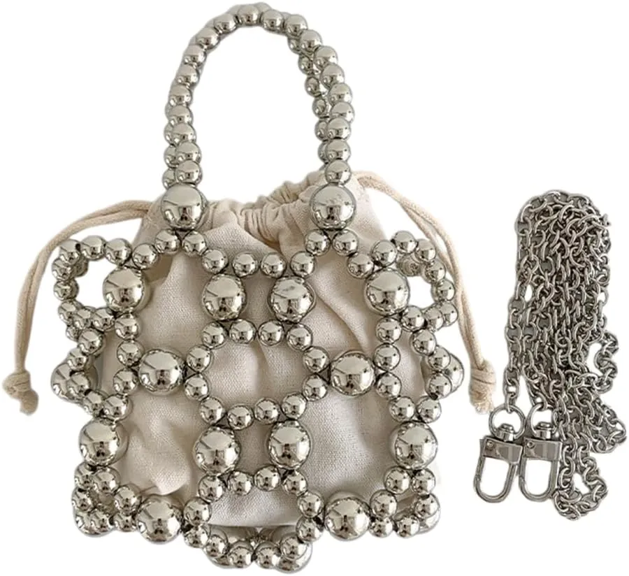 Women Handwoven Hollow Out Acrylic Beads Evening Bag Vintage Crossbody Handbag Small Purse with Detachable Chain Strap
